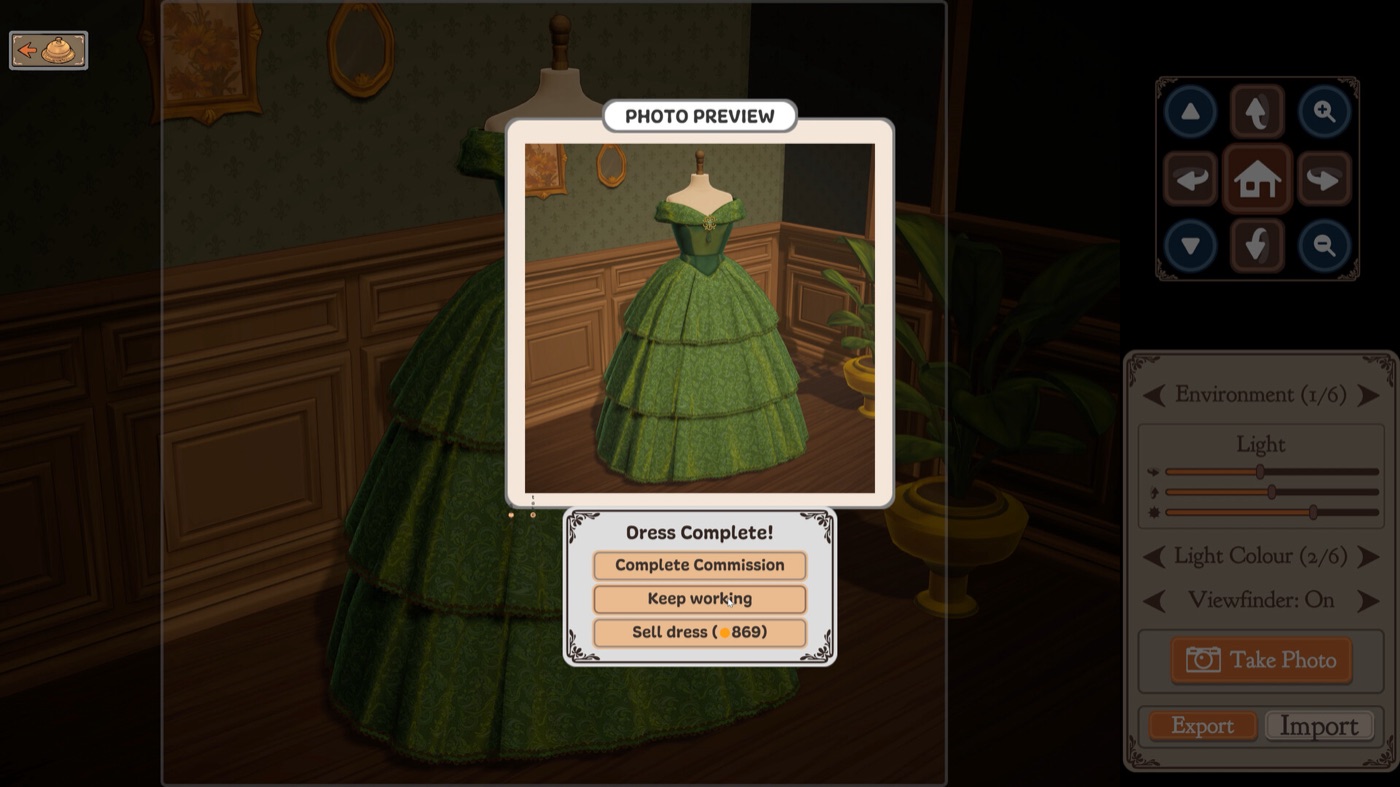 A finished ballgown on the dress form with a completion dialog offering to complete the commission, keep working or sell the dress outright