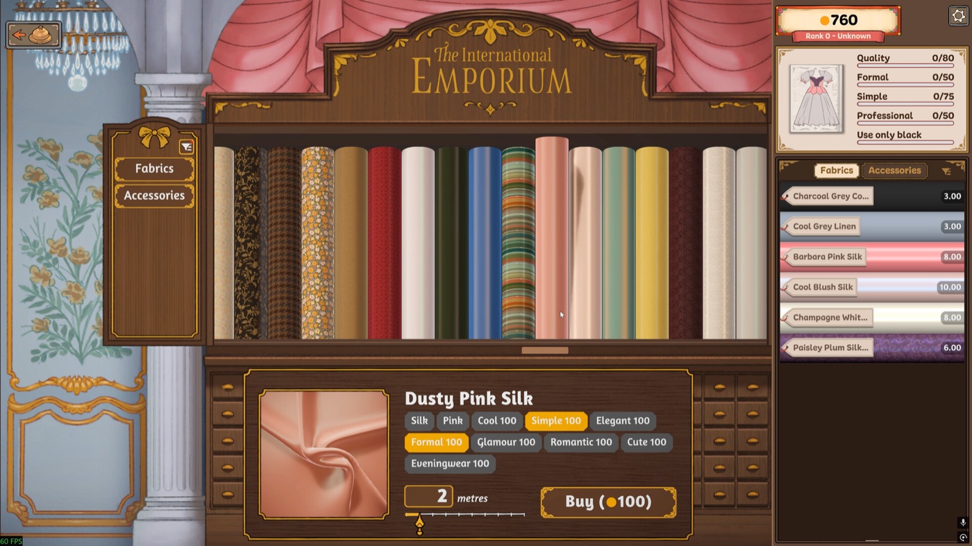 The International Emporium fabric shelf with a requirement checklist pinned at the top right showing Quality, Formal, Simple and Professional targets alongside a black-only constraint
