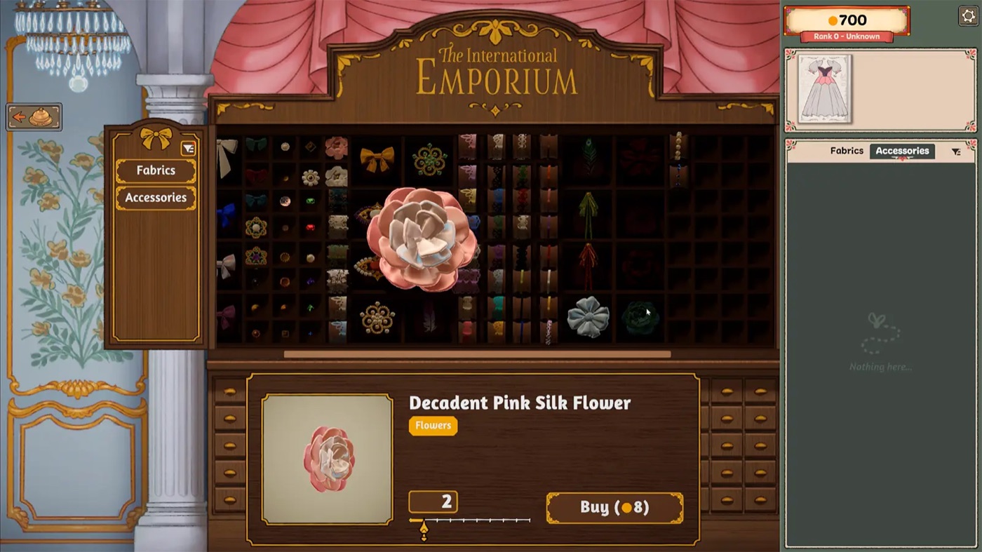 The accessory shelves of the International Emporium with a decorative item selected and its price shown below the shelf