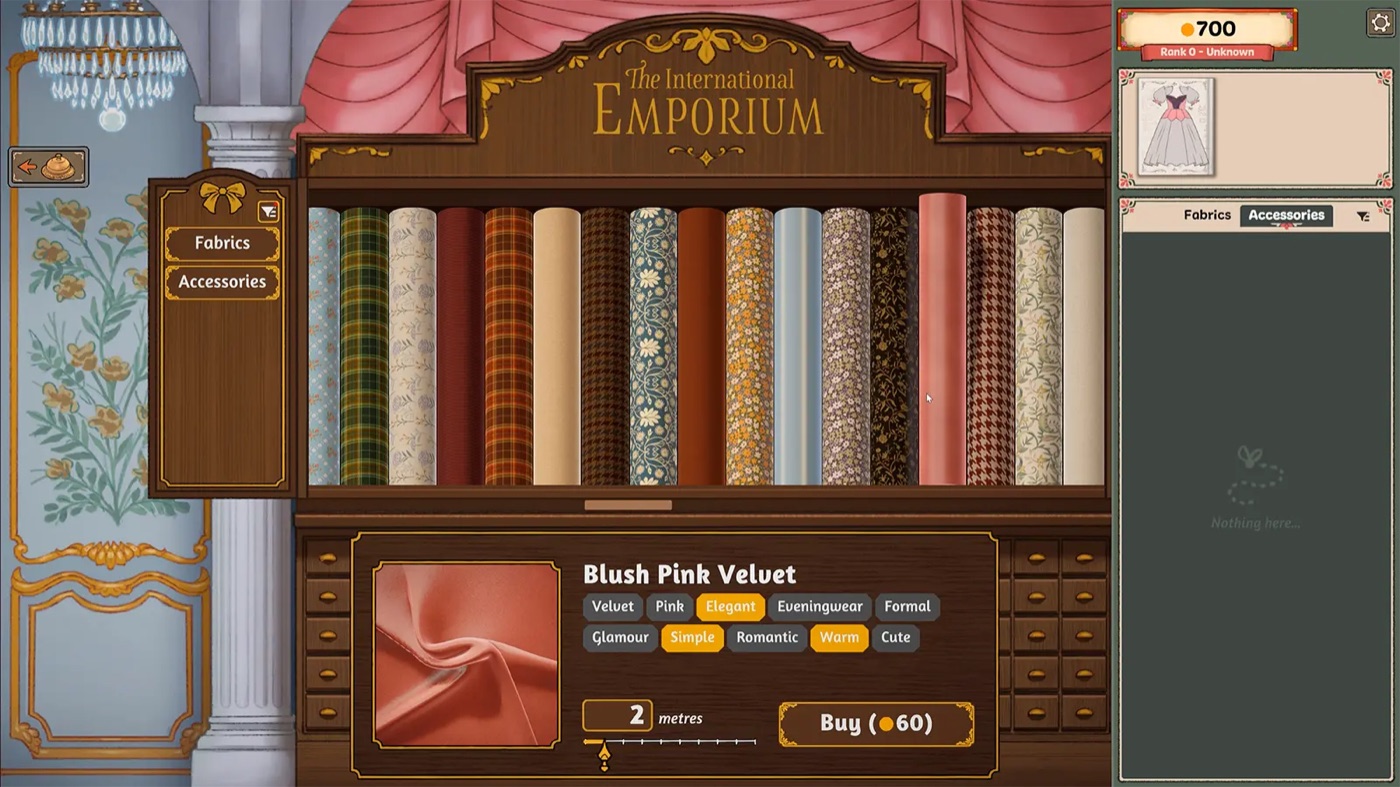 A fabric selection in the International Emporium with style tags and quantity controls