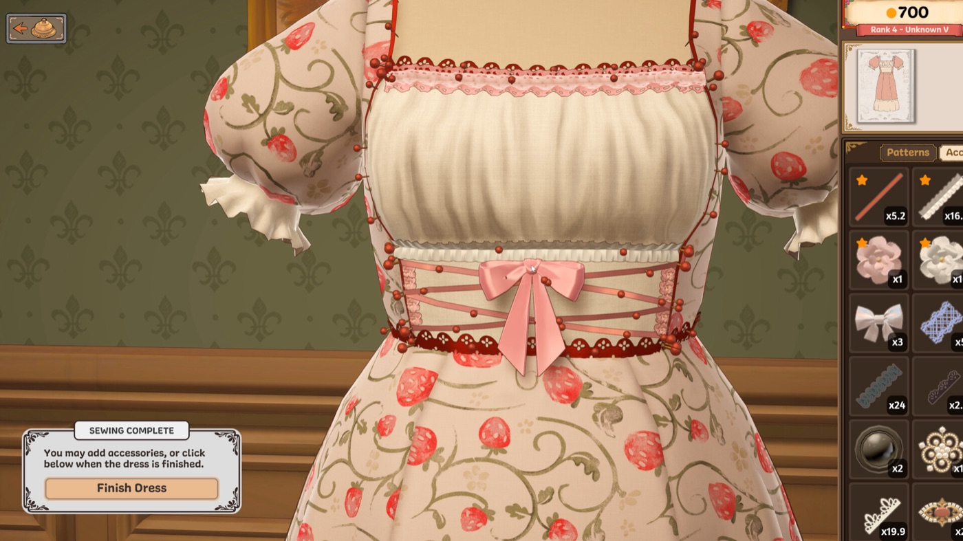 A partly finished dress on the dress form with trim and ribbon being positioned along the neckline and waist while the accessory inventory panel lists available pieces and their quantities