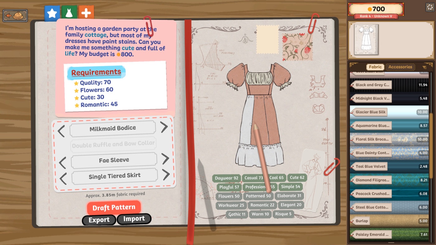 The sketchbook open to a client request, with the written note, the requirement card listing Quality and four style tags, and the dress sketch showing live tag values