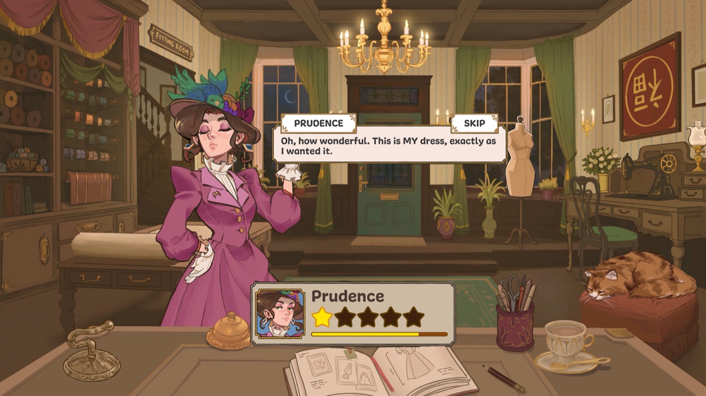 A client standing in the shop as a completed dress is presented, with her dialogue on screen and a star rating card showing the evaluation at the bottom